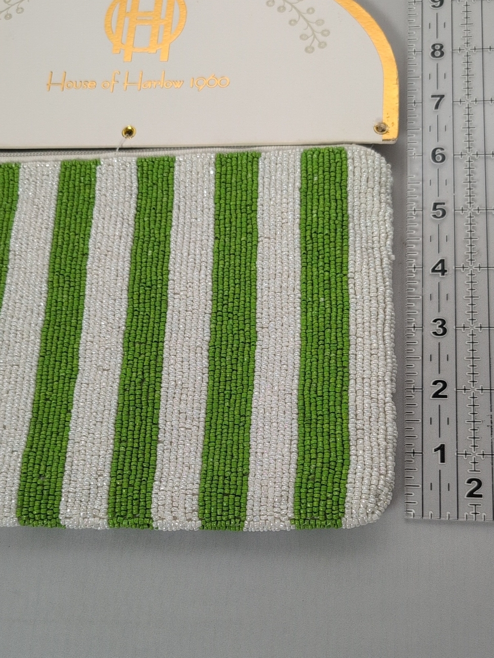 House of Harlow 1960 Hand Beaded Green & White Striped Wristlet Pouch - Picture 8 of 10